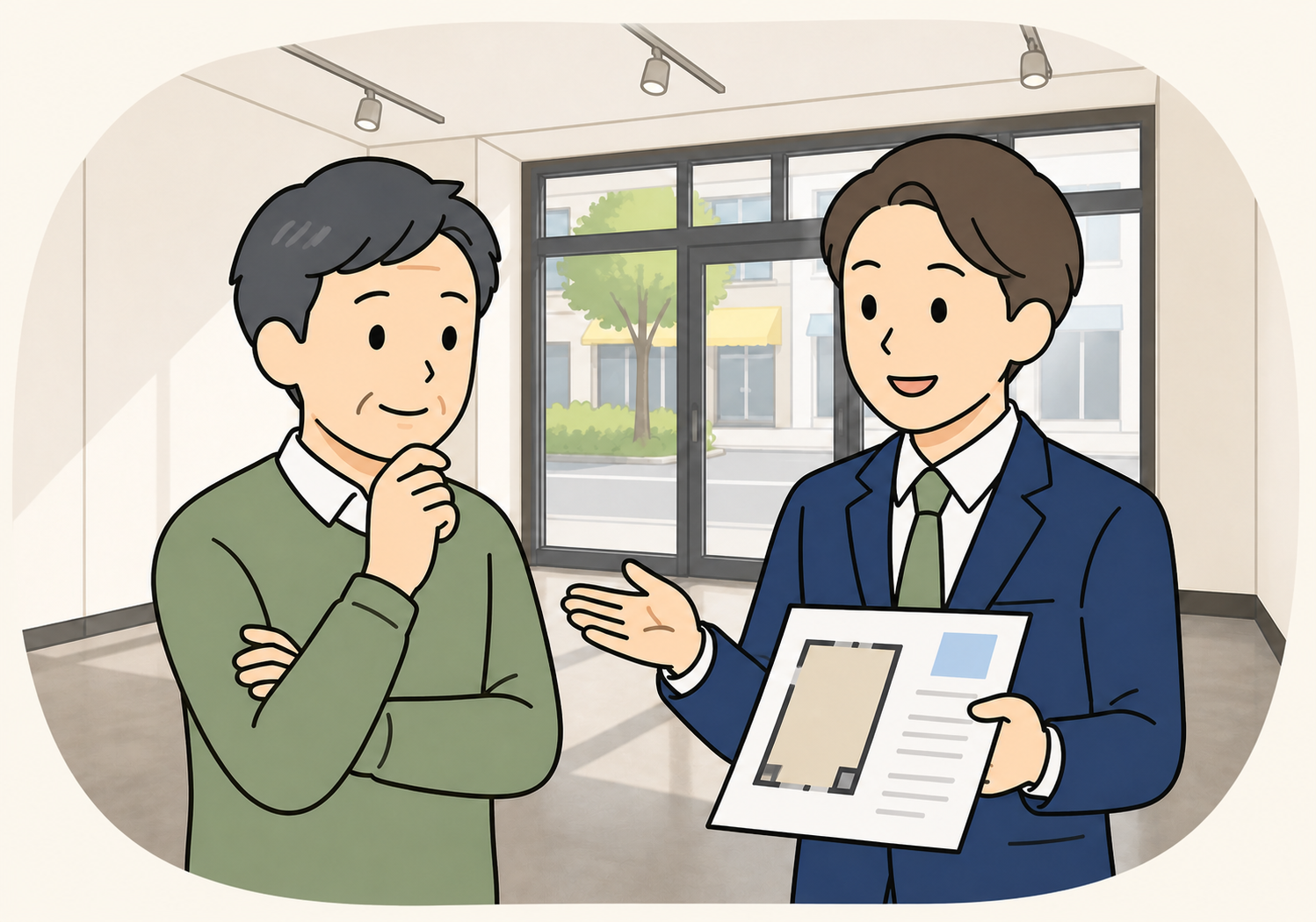 空き店舗でオーナー様と募集方法を相談する様子